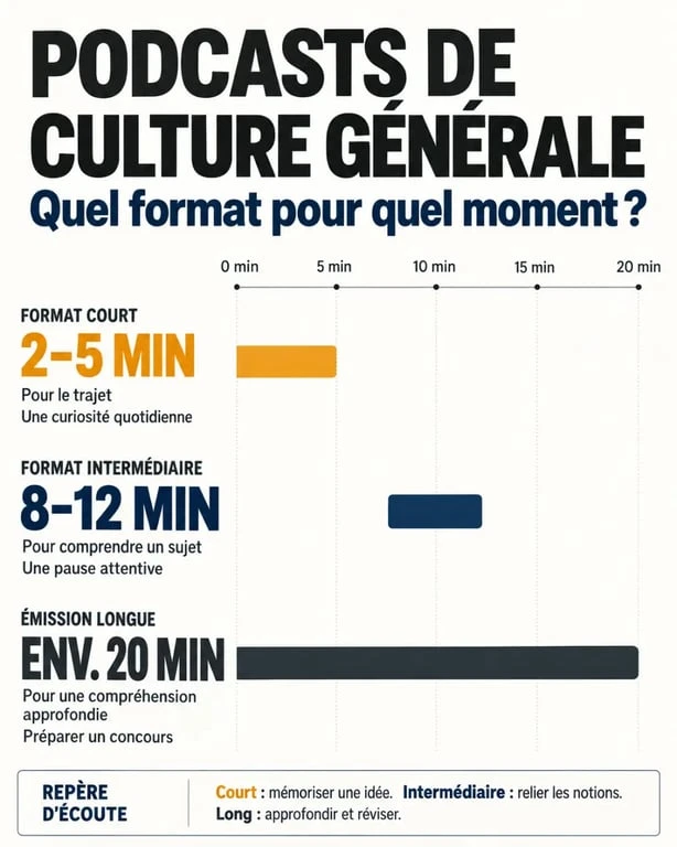Infographie comparative des formats de podcast culture générale selon la durée et l'objectif d'écoute
