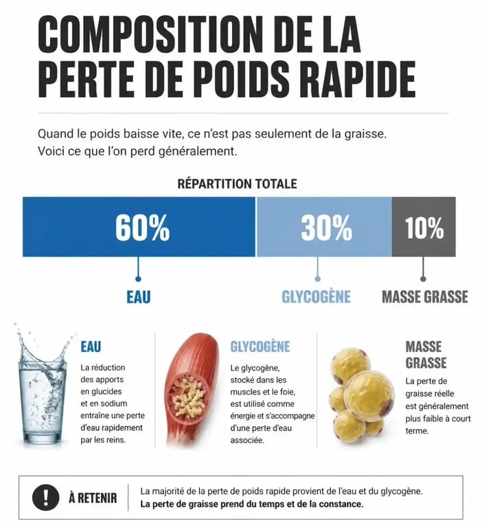 Infographie explicative sur la perte de poids en 1 semaine : eau, glycogène et masse grasse