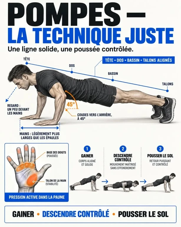 Infographie technique des pompes avec alignement du corps, position des mains et angle des coudes