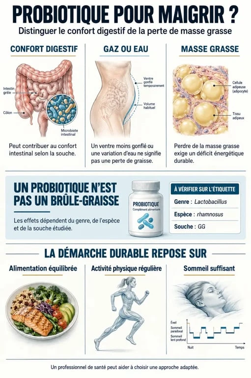 Infographie sur le probiotique pour maigrir et la différence entre confort digestif et perte de masse grasse