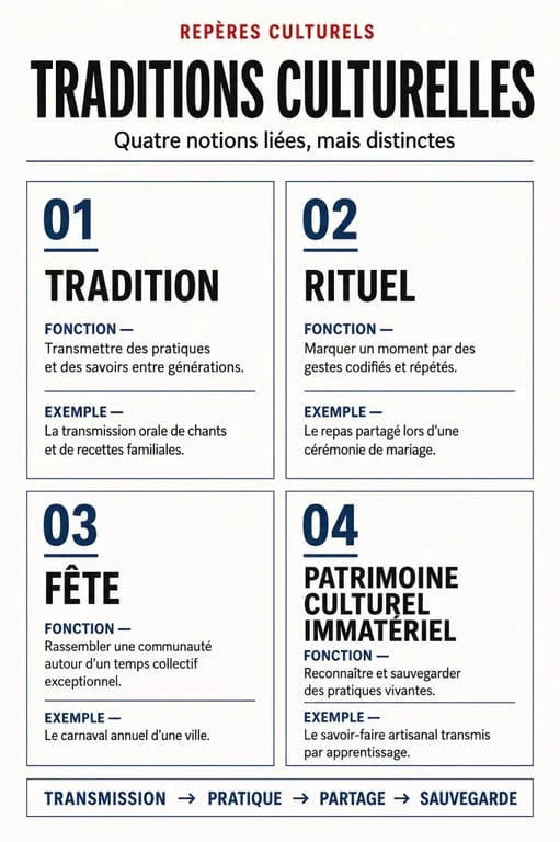 Infographie pédagogique sur les traditions culturelles, les rituels, les fêtes et le patrimoine culturel immatériel