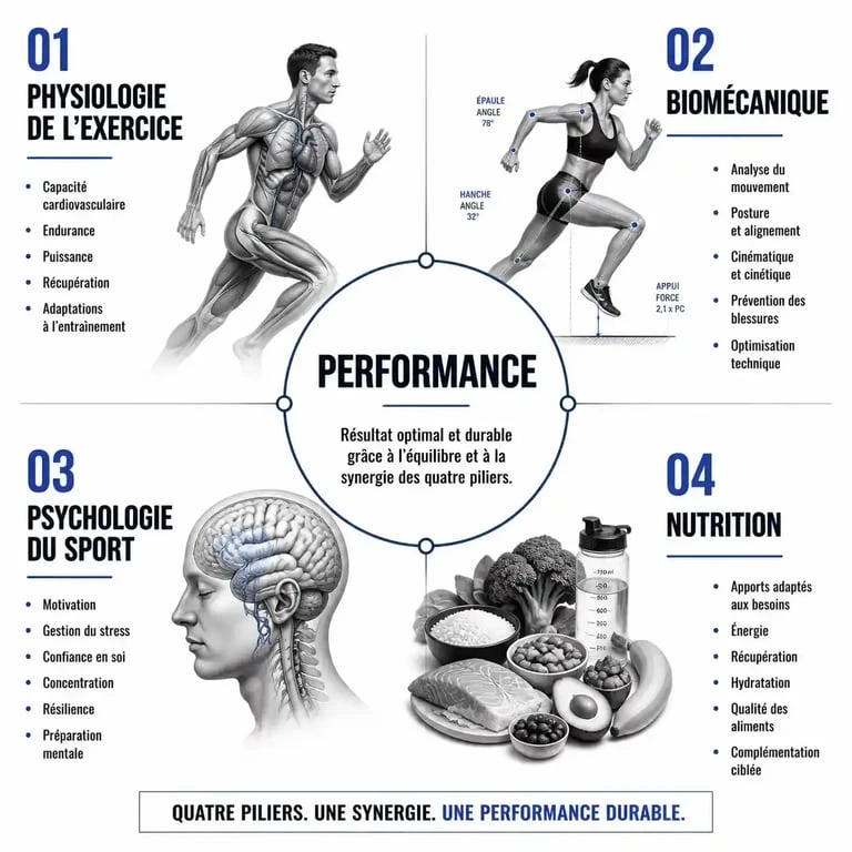 Schéma des piliers des sciences du sport pour la performance