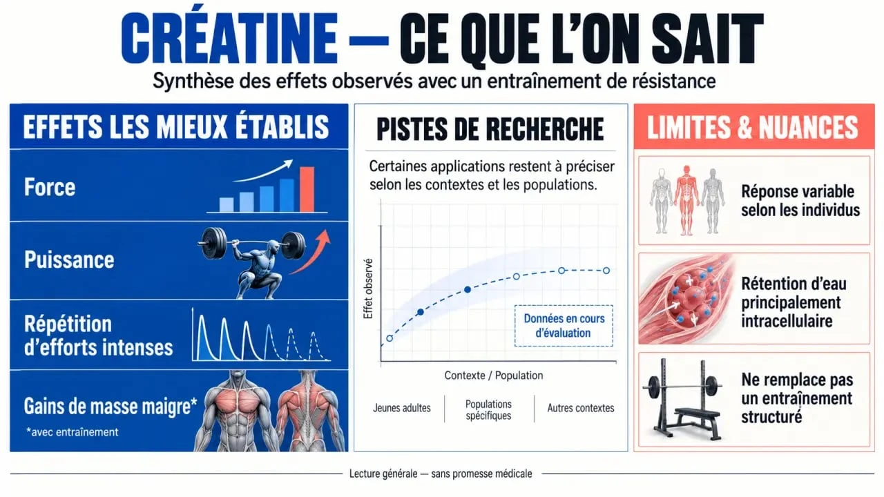 Infographie sur les bienfaits de la créatine pour la force, la puissance et la masse maigre