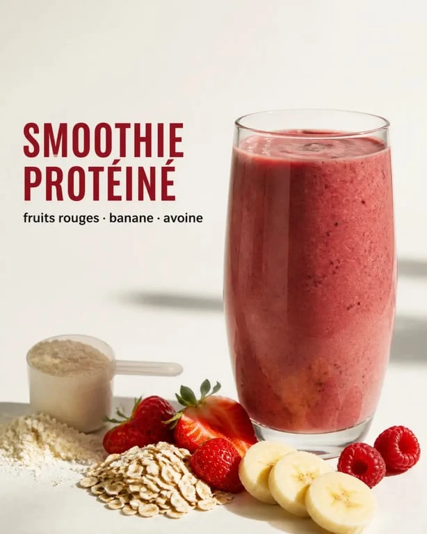 Smoothie proteine sport aux fruits rouges et à la banane, verre prêt après l’entraînement