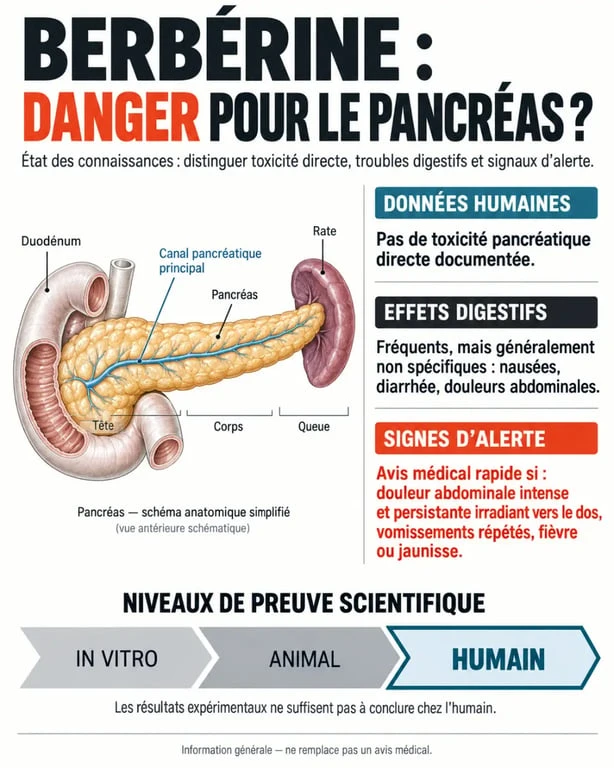 Infographie sur le danger de la berbérine pour le pancréas et les signes d’alerte