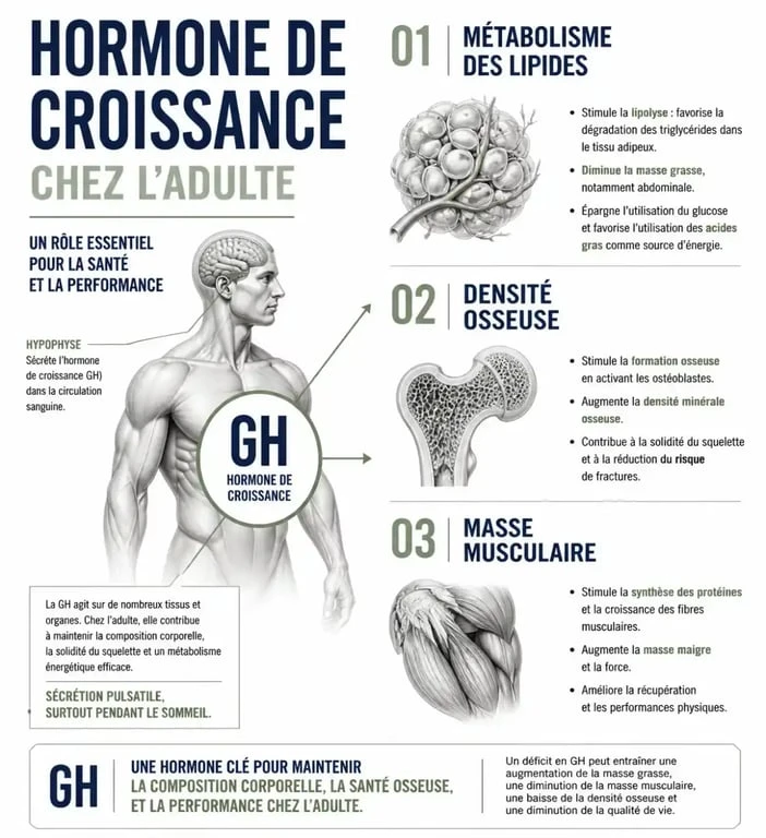Schéma des effets physiologiques de l'hormone de croissance chez l'adulte