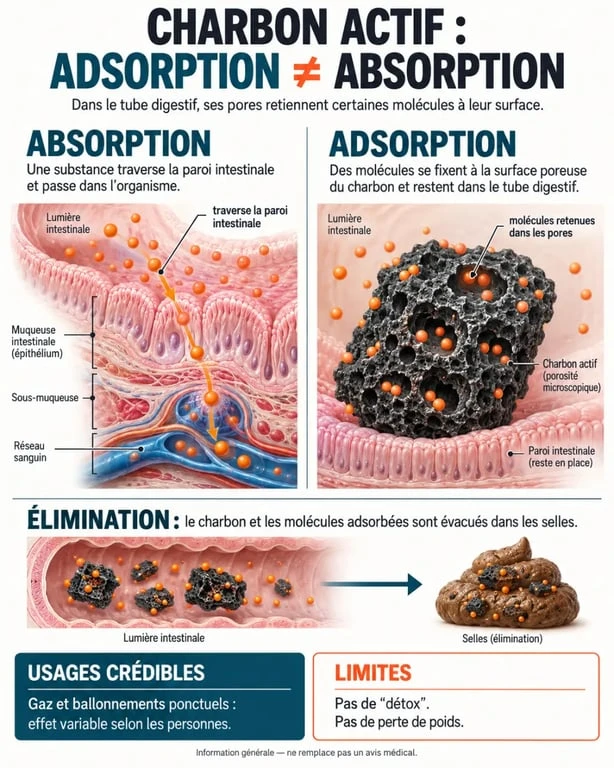 Infographie sur les bienfaits du charbon actif et la différence entre adsorption et absorption