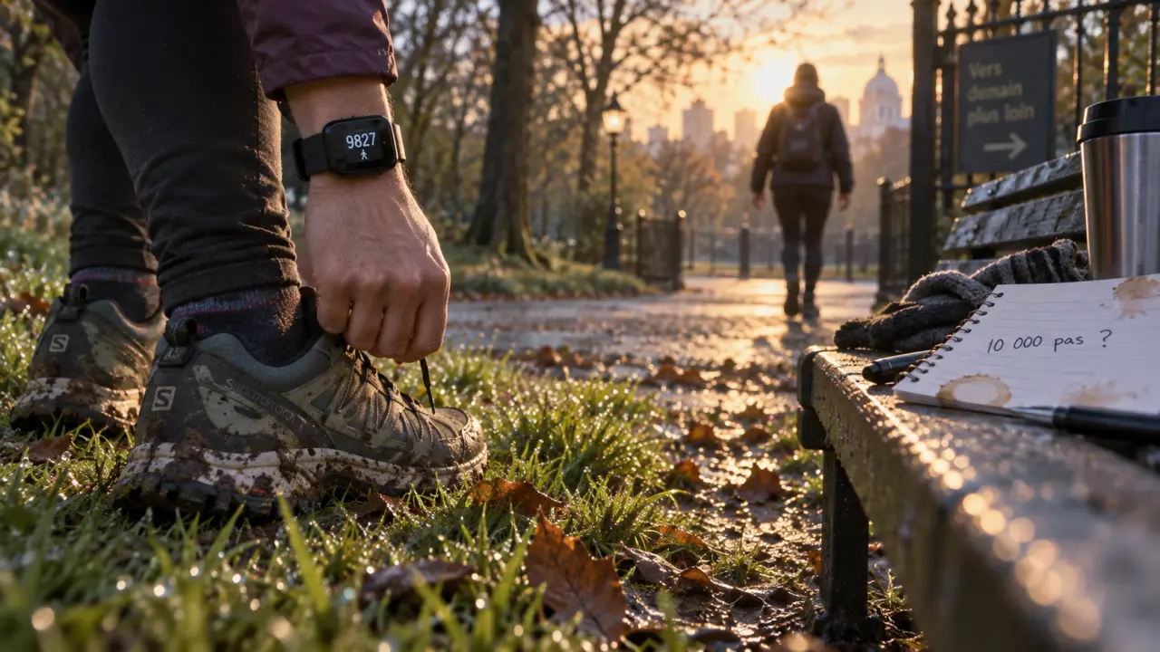 Moyen de pas par jour : chaussures et podomètre au matin dans un parc