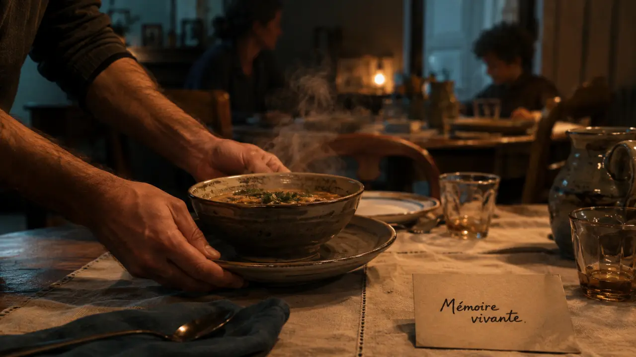 Traditions culturelles : mains déposant une assiette fumante sur une table, « Mémoire vivante »