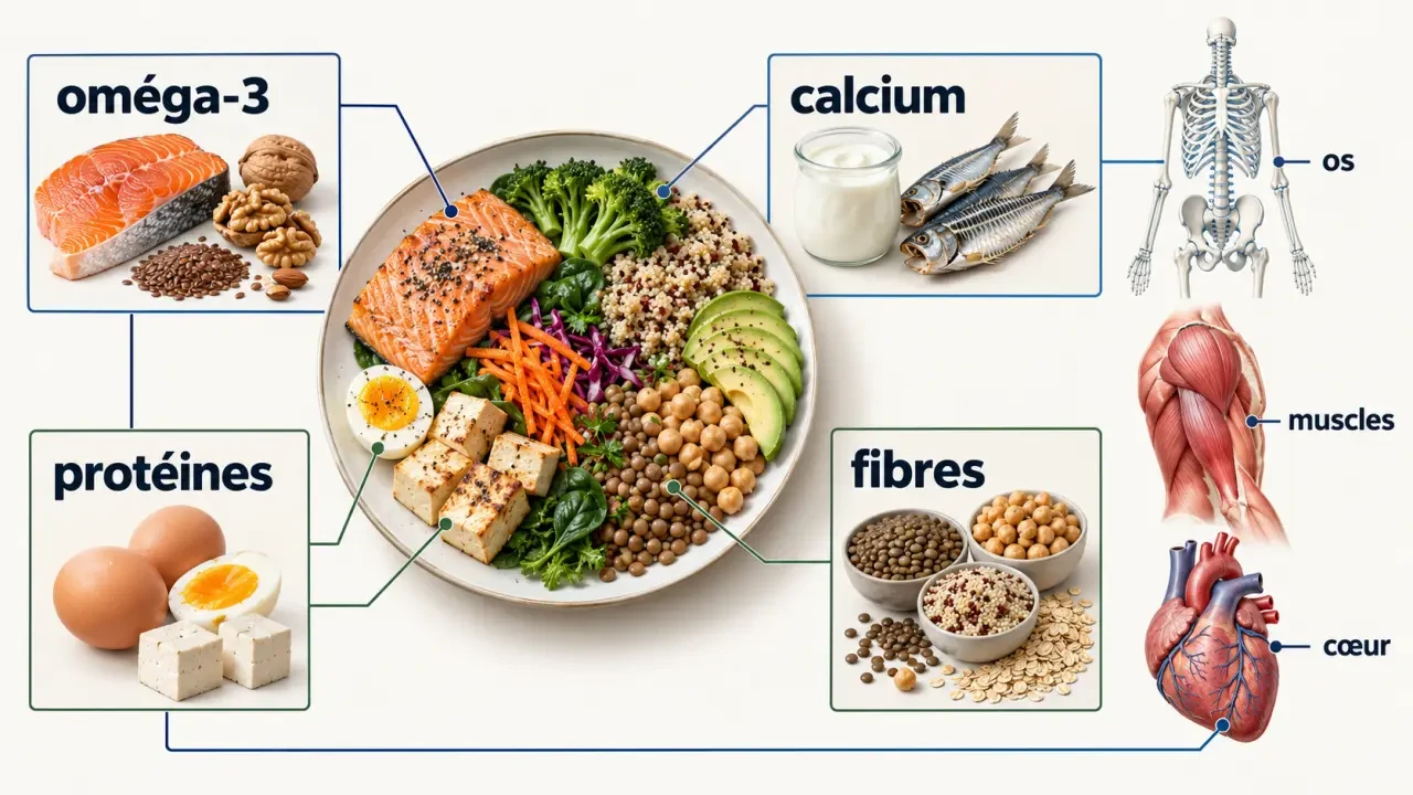 Infographie sur l’alimentation ménopause avec sources de protéines, calcium, fibres et oméga-3