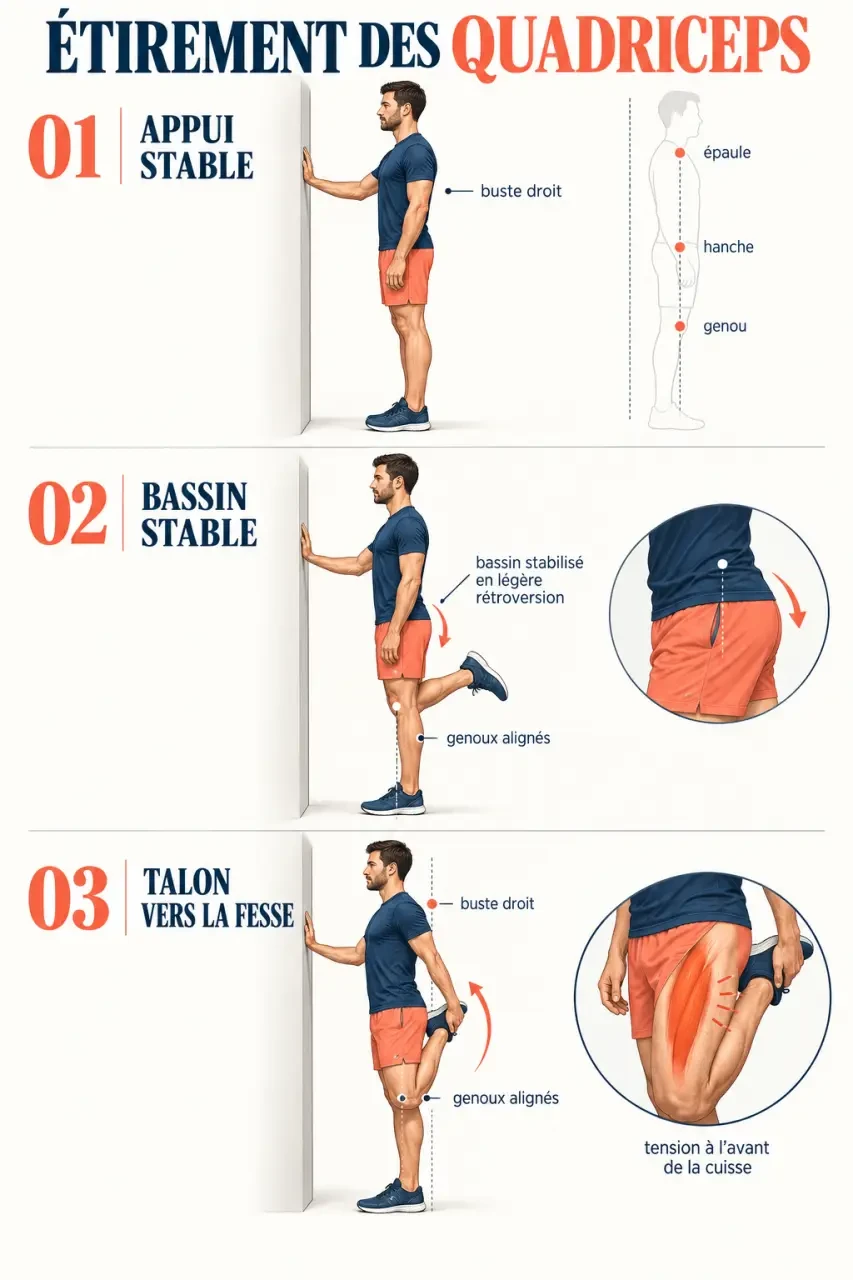Quadriceps étirement : étapes pour garder le bassin stable et éviter la cambrure