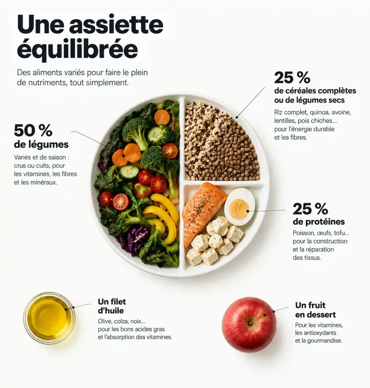 Conseil nutrition : l'assiette équilibrée avec la moitié de légumes, un quart de céréales complètes et un quart de protéines