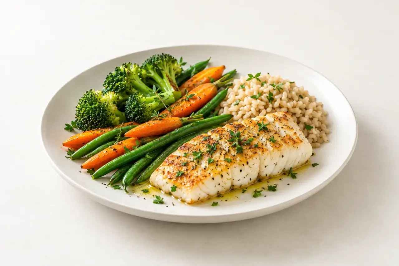 Repas minceur équilibré avec légumes, protéines et féculents dans une assiette