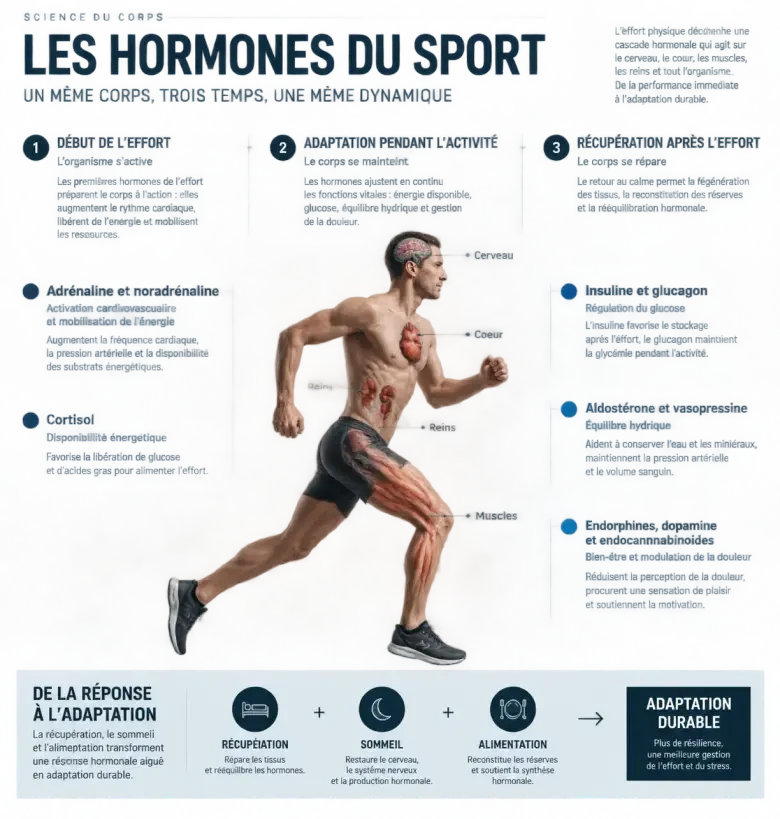 Infographie hormone sport : réponses hormonales pendant l’effort et récupération