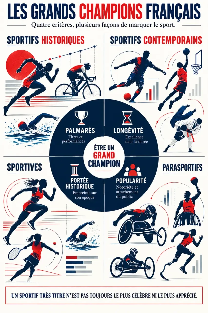 Infographie sur les sportifs français et les critères de comparaison entre palmarès, longévité, notoriété et popularité