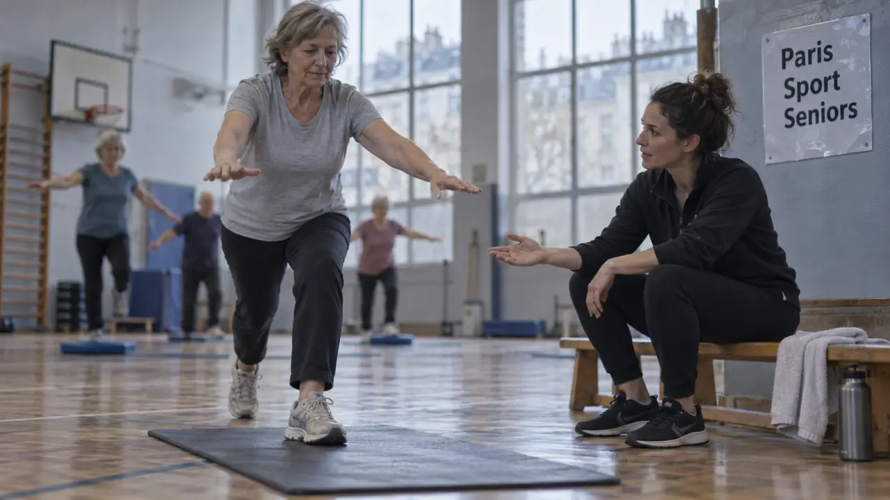 Sport senior Paris gratuit : exercice en gymnase pour 60 ans
